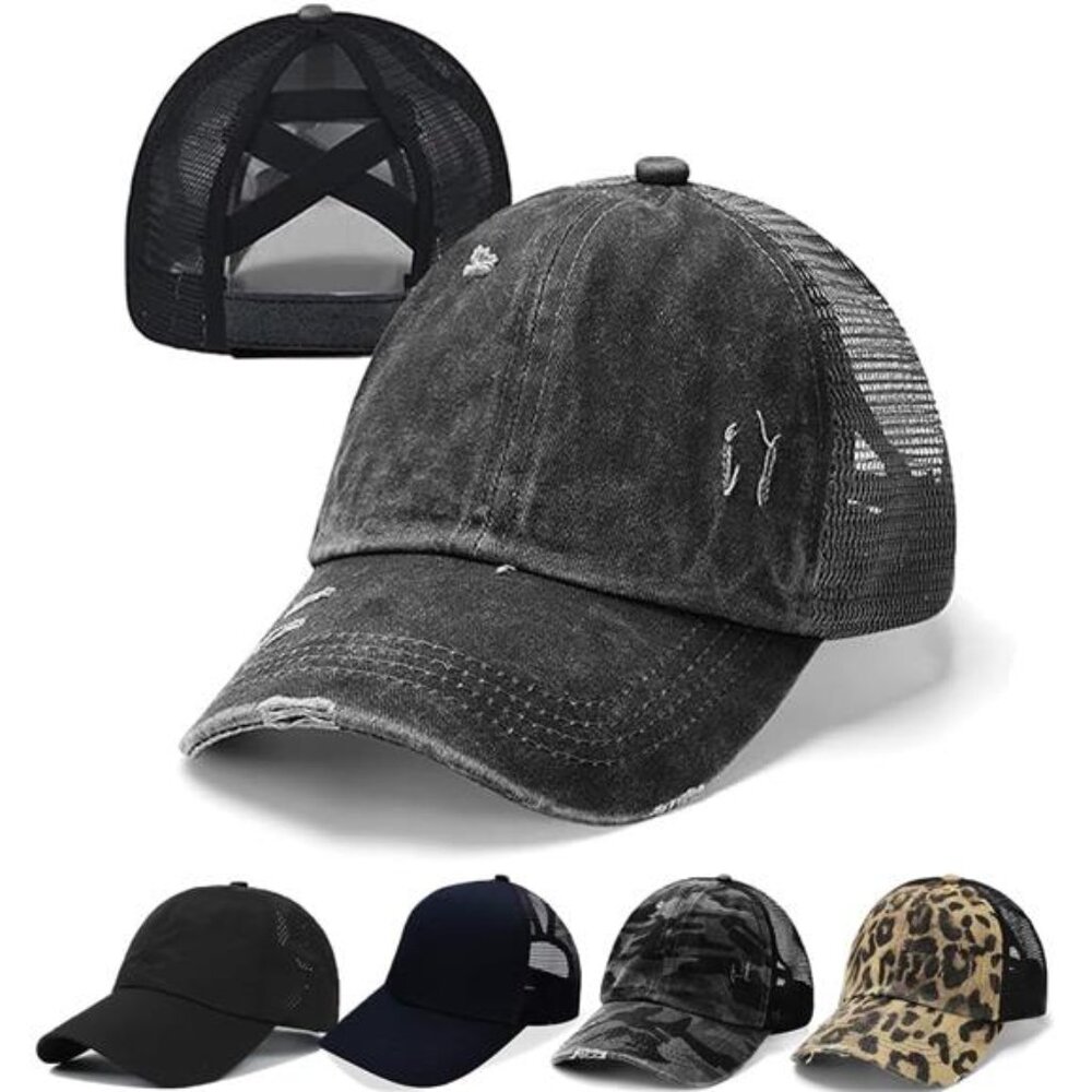 Hat Washed Distressed Baseball Cap Ponytail Hat High Messy Bun
